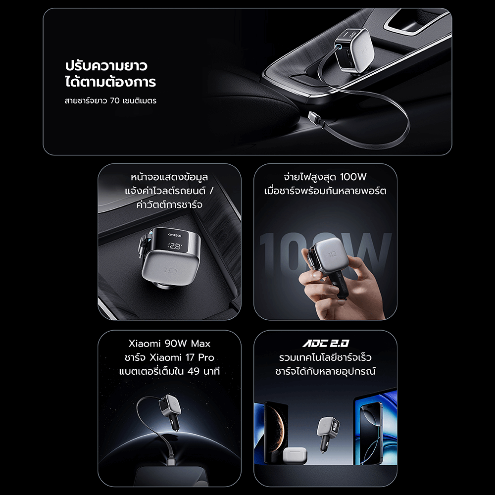 หัวชาร์จในรถ CUKTECH CC903P CAR CHARGER 100W MAX สีดำ พร้อมสายชาร์จ USB-C ในตัว จ่ายไฟได้ 90W_2